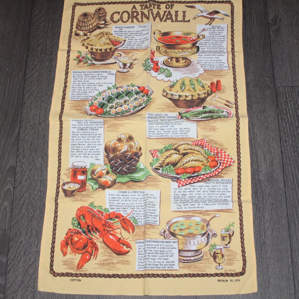 Tea Towel Recipes Cornwall Traditional England Fish Seafood Vintage